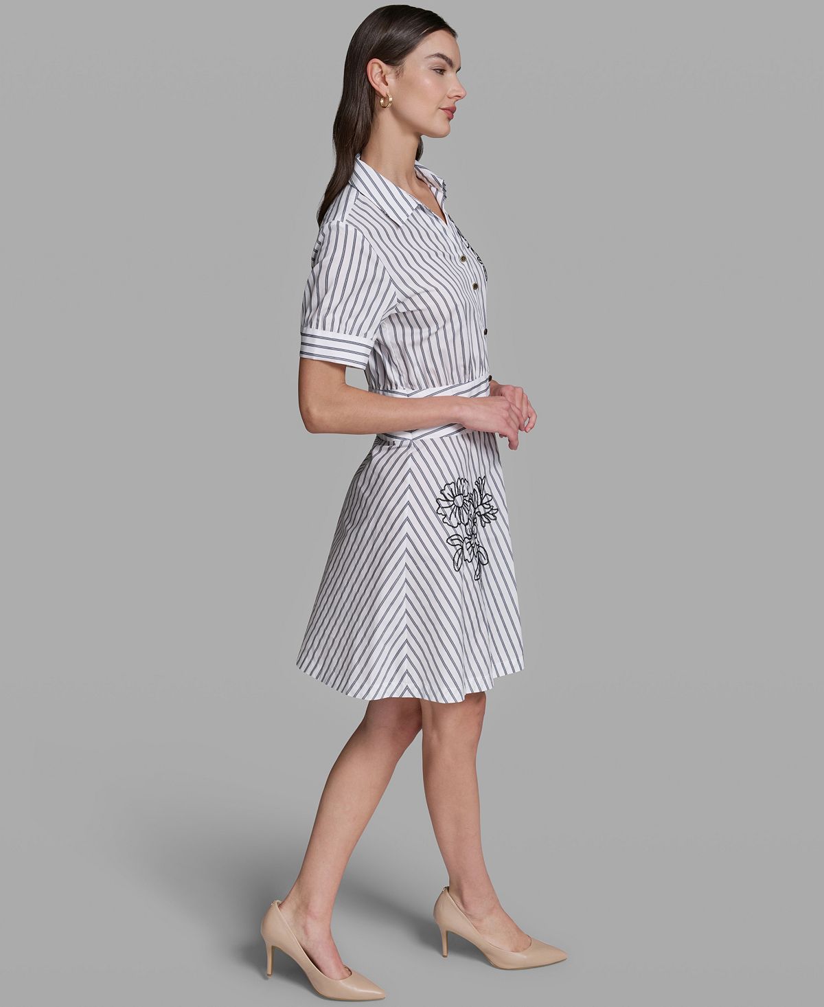 KARL LAGERFELD PARIS Women's Poplin Short-Sleeve Collared Striped Cotton Dress view 4 — MAYCSS fashion products