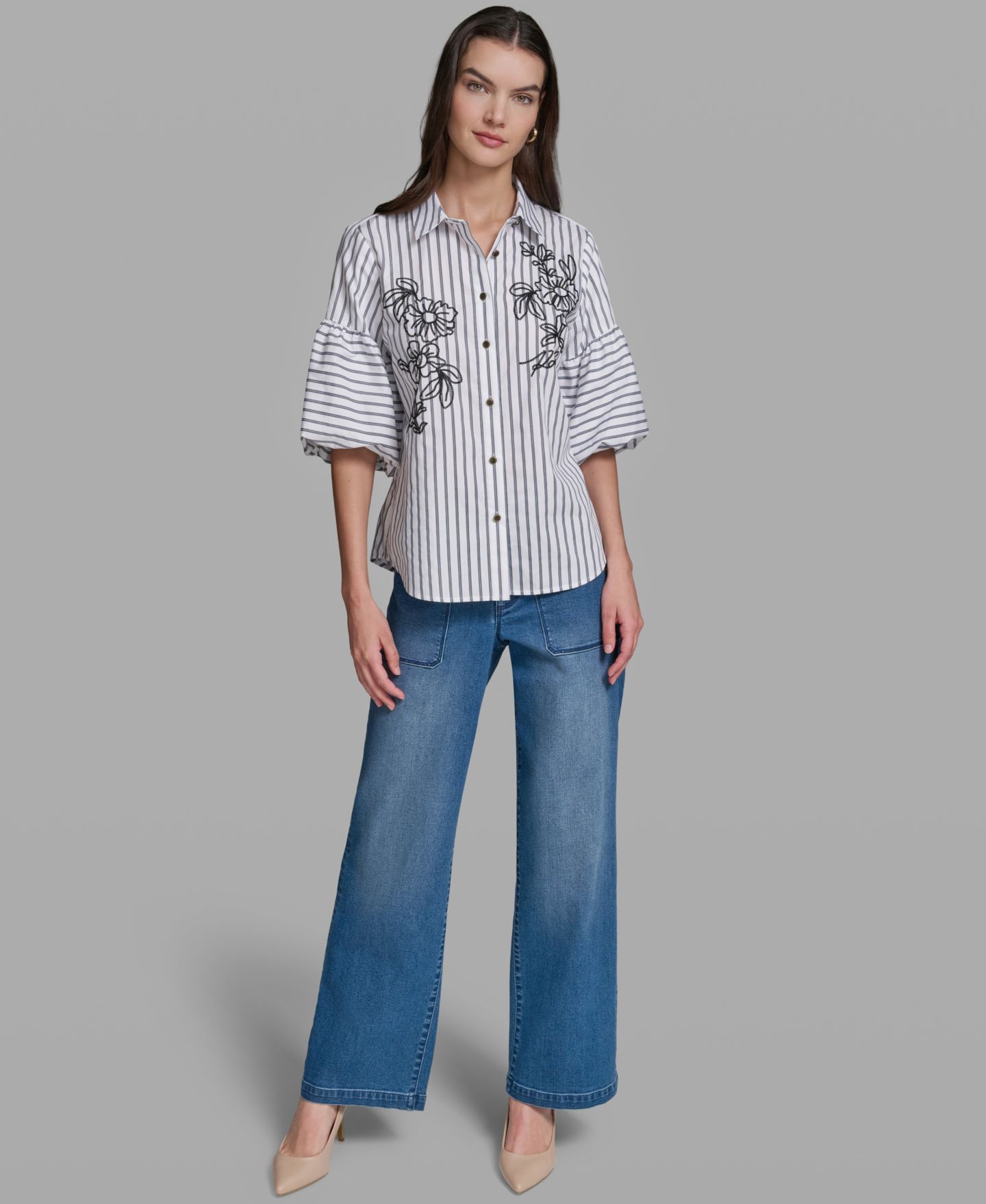 Женская рубашка KARL LAGERFELD PARIS Short-Sleeve Striped, цвет: Белый / Тёмно-синий разноцветный — фото 2