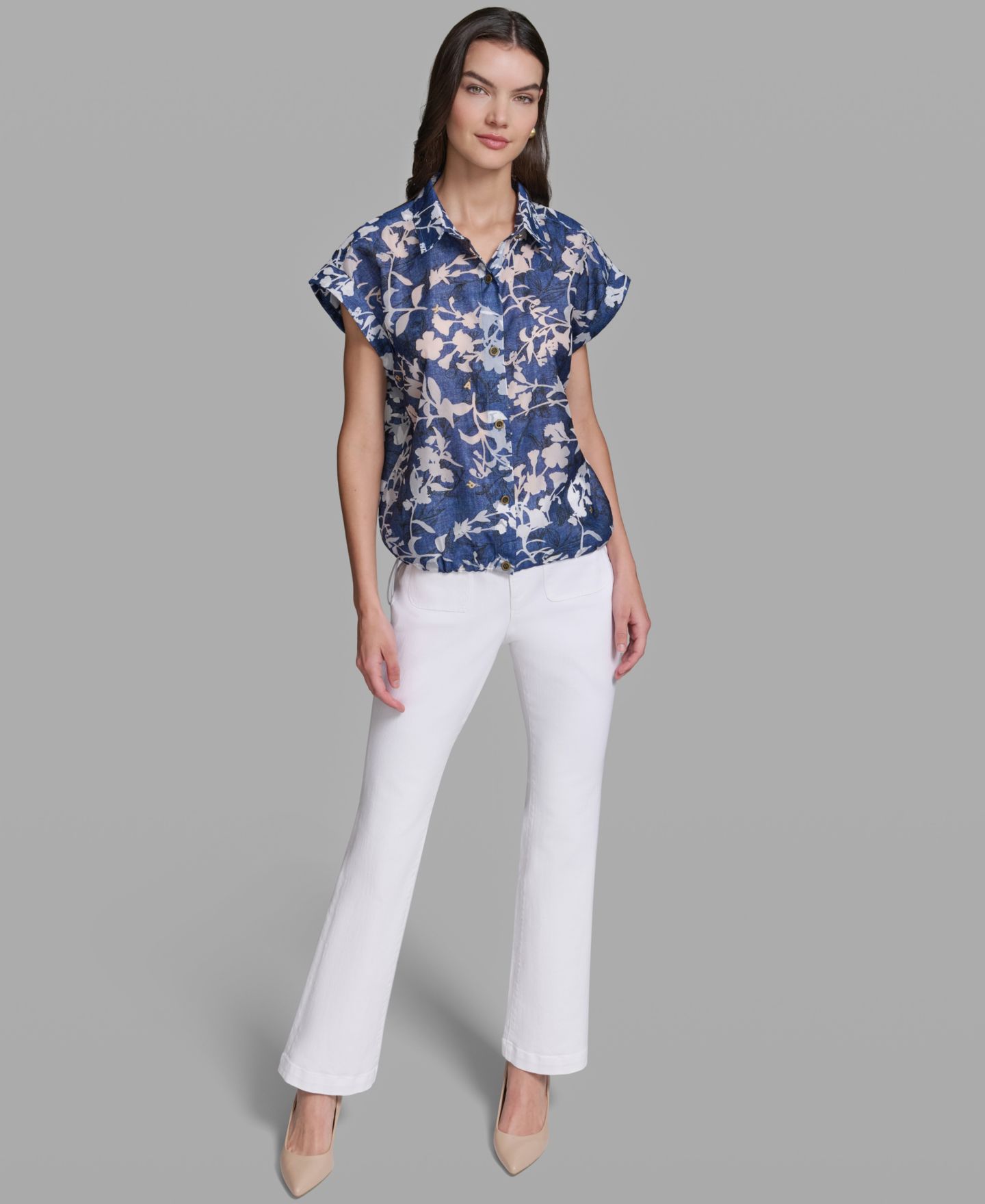 Женская рубашка KARL LAGERFELD PARIS Bungee Burnout Short-Sleeve Woven, цвет: Тёмно-синий / Белый — фото 2