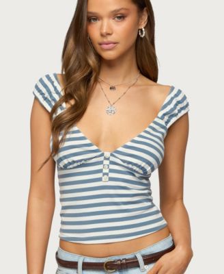 Women's Aina Striped V Neck Henley Top