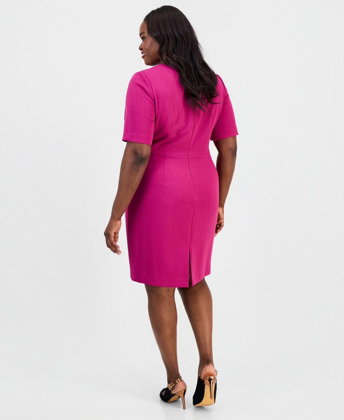 Kasper Plus Tie-Neck Elbow-Sleeve Sheath Dress