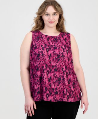 Plus Size Crewneck Sleeveless Pleated Blouse 