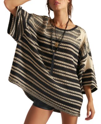Women's Fun Oversized Crewneck Striped Crochet T-Shirt