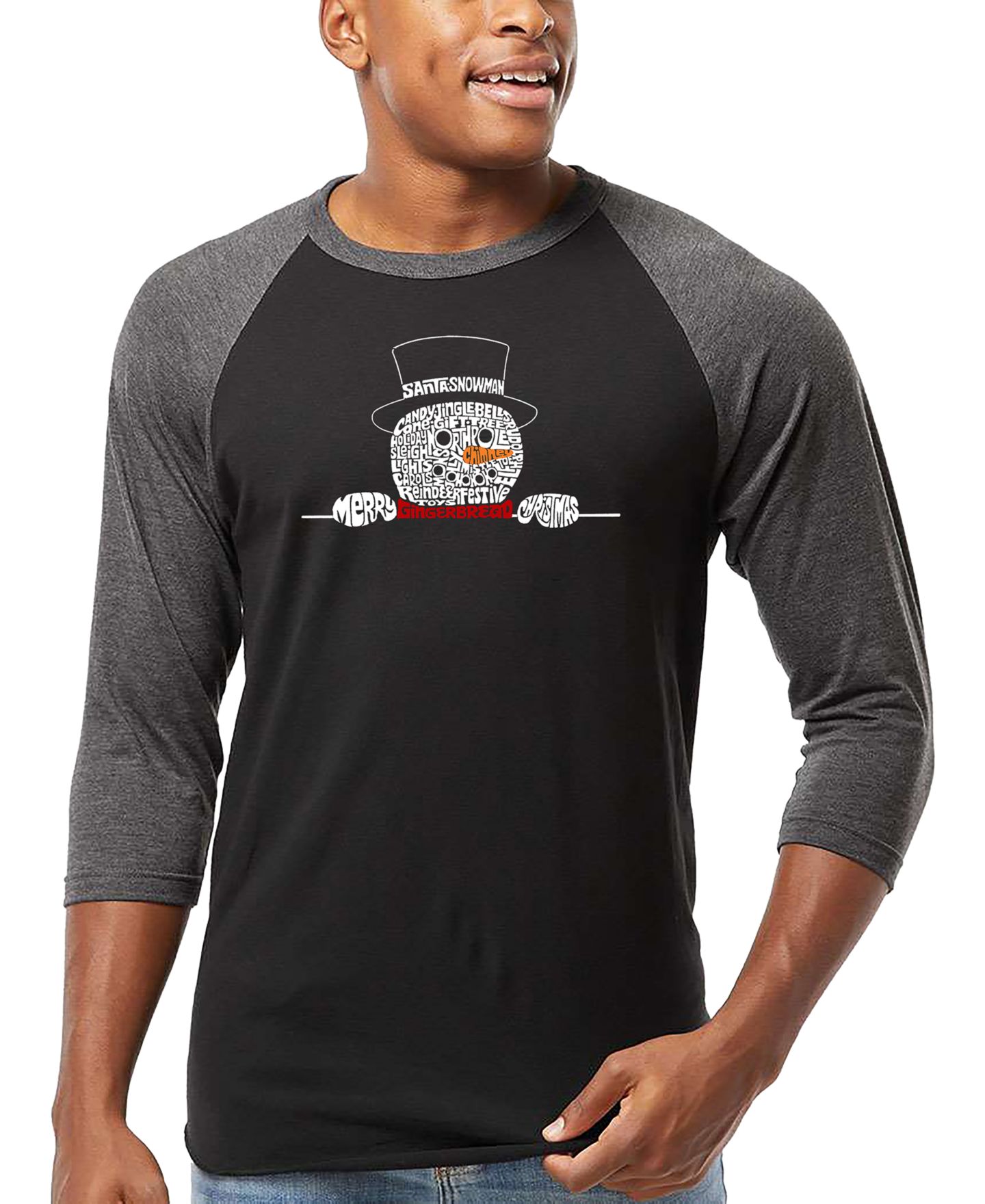 Мужская футболка LA Pop Art Peeking Snowman Christmas Word Art Raglan-Sleeve, цвет: Чёрный / Серый — фото 1