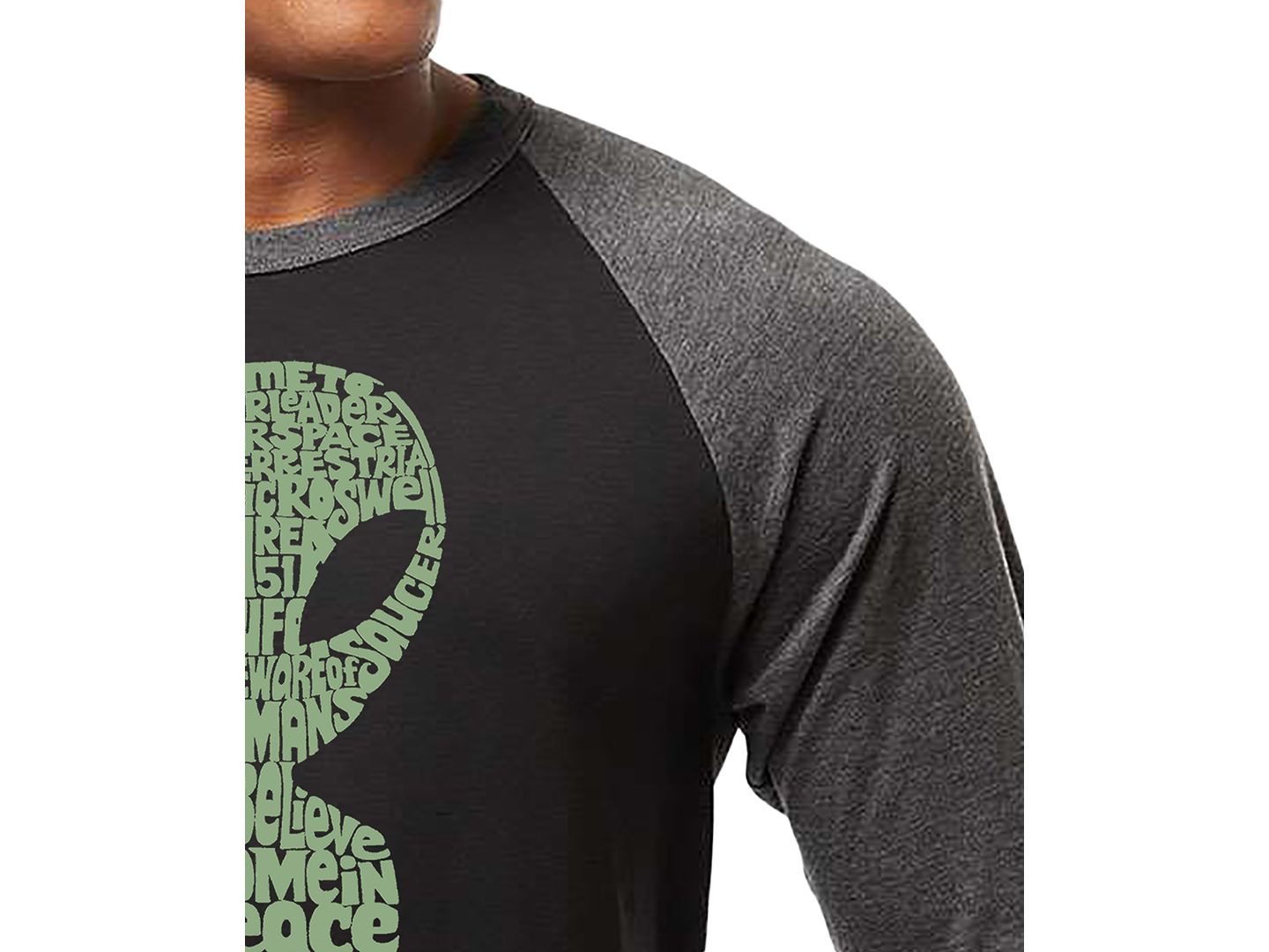 Мужская футболка LA Pop Art Alien Extraterrestrial Word Art Raglan-Sleeve, цвет: Чёрный / Серый — фото 2