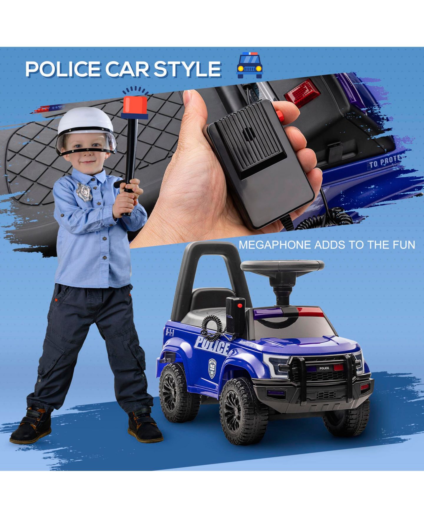 Детская игрушка Aosom Police Truck Style Sliding Ride-On with Pretend PA System and Under-Seat Storage, 1 Rider, Ages 1.5+ — фото 5