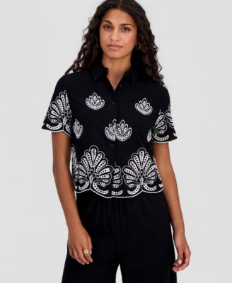 Petite Cotton Embroidered Camp Shirt