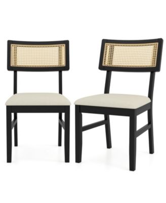 Rattan Dining Chairs Set of 2 Fabric Upholstered Kitchen Chairs with Padded Seat and Rubber Wood Legs