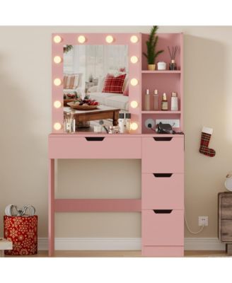 Modern Makeup Vanity Desk with Lighted Mirror, 4 Drawers, 3 Lighting Modes, Open Shelves, Built-in Power Outlets, Small Bedroom Dressing Table