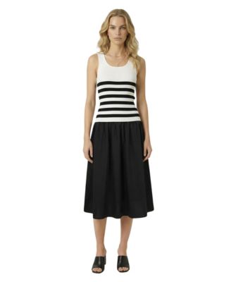 Women's Striped Knit Contrast Skirt Midi Dress