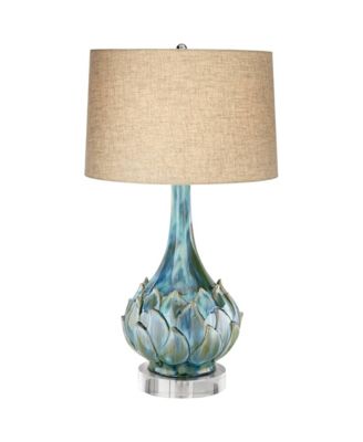 Kenya Modern Table Lamp with Round Riser 31" Tall Blue Green Ceramic Beige Linen Shade for Bedroom Living Room Bedside Nightstand