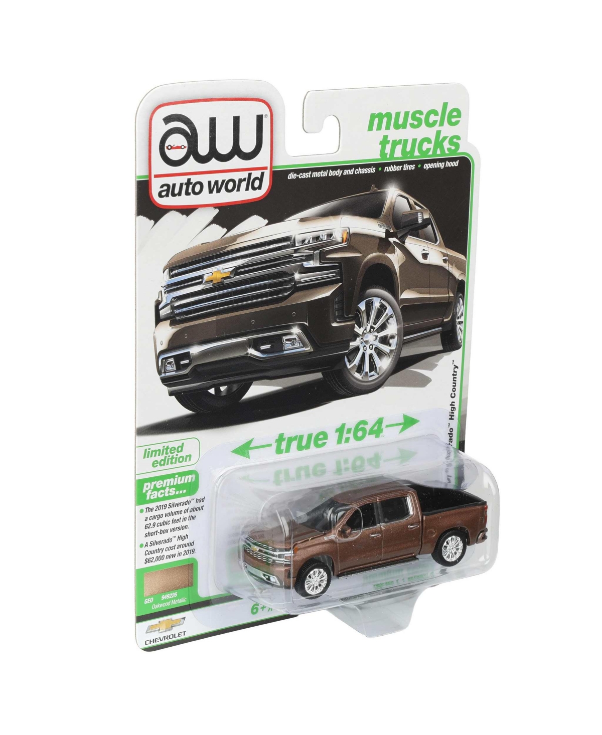 Auto World 1/64 2019 Chevy Silverado High Country Pickup Truck, Oakwood Metallic, Muscle Trucks Series