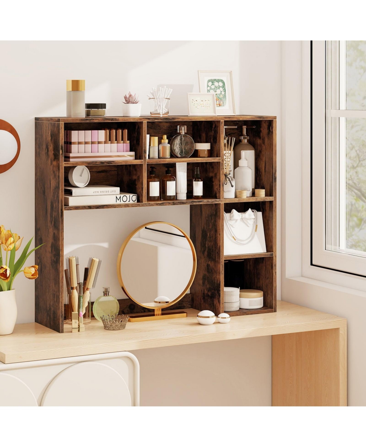 Slickblue Desktop Bookshelf with 7 Cubbies and 3 Adjustable Shelves