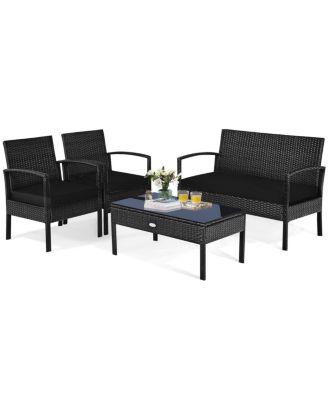 4 Piece Patio Rattan Furniture Set with Cushioned Seating