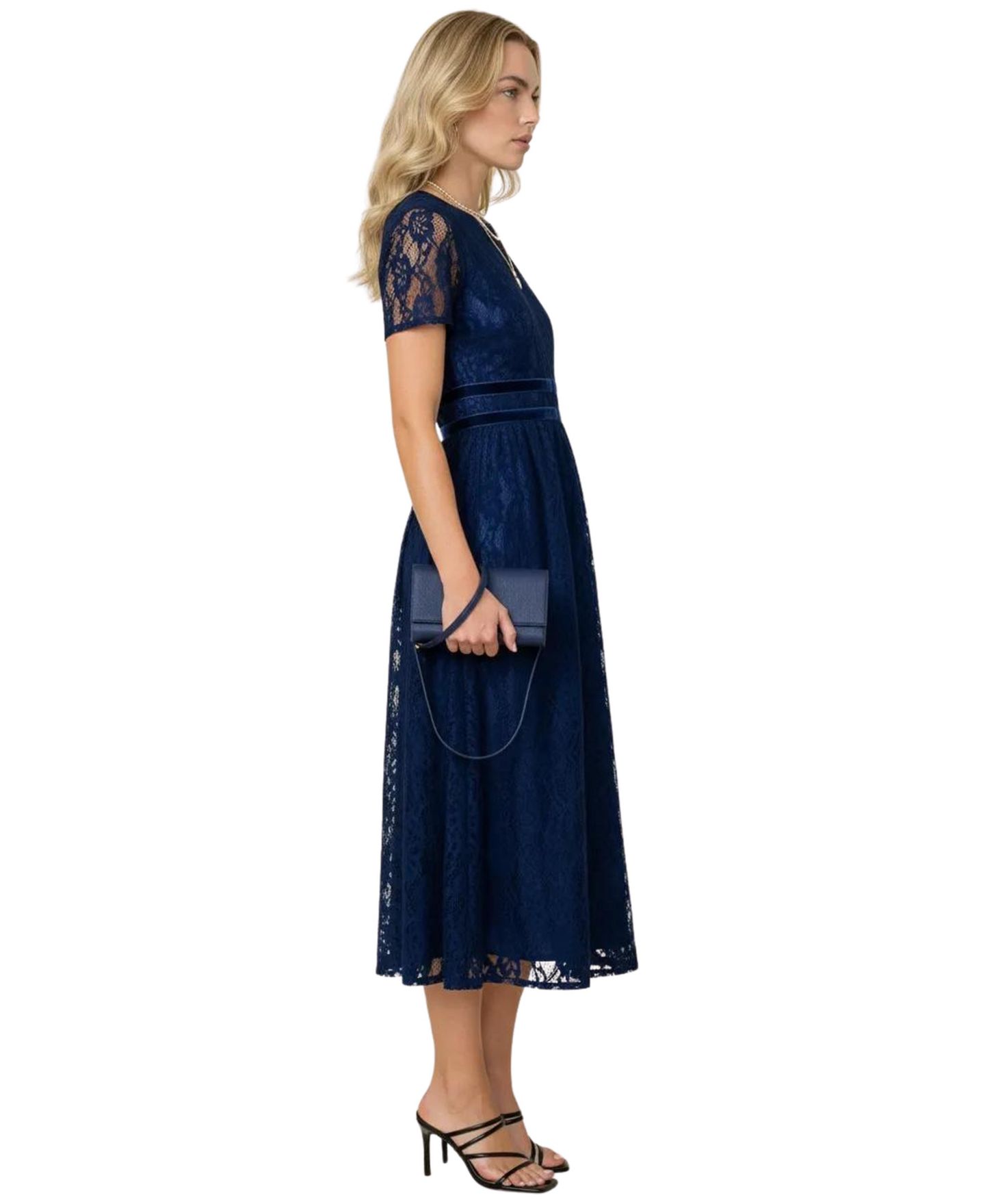 Женское платье Modenaire Lace Midi Dress with Sheer Short Sleeves and Velvet Waistband, цвет: Тёмно-синий — фото 4