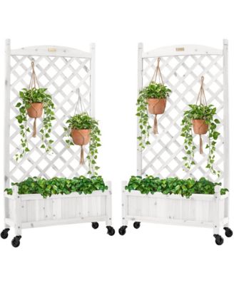 Set of 2 ,Wood Planter Box and Diamond Lattice Trellis, Drainage, Optional Wheels