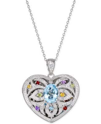 Macy's - Multi-Gemstone (2 ct. t.w.) and Diamond (1/10 ct. t.w.) Filigree Locket Pendant Necklace in Sterling Silver