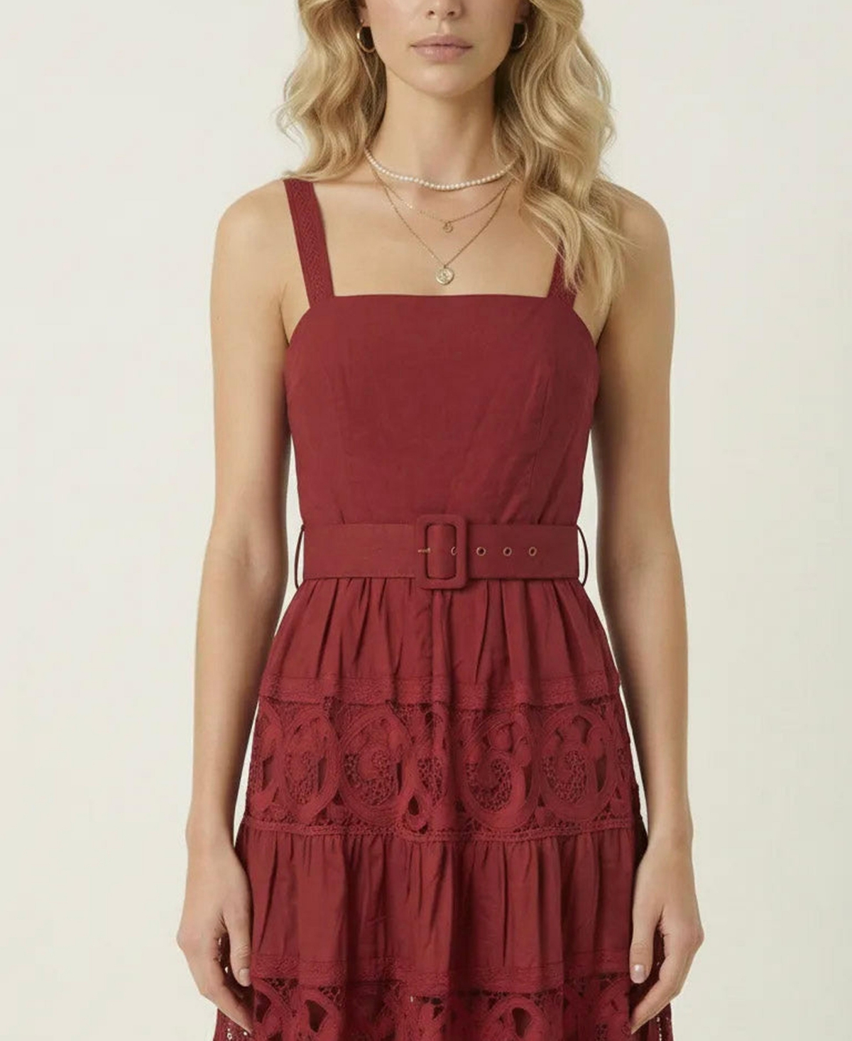 Modenaire Women's Belted Tiered Lace Midi Dress