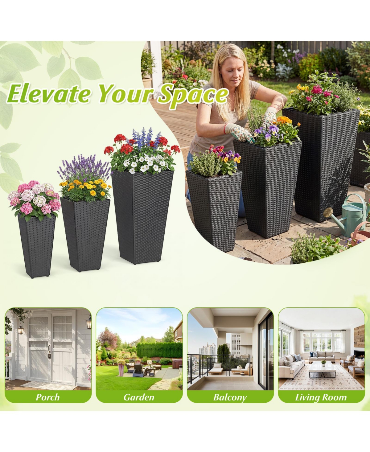 Gymax Set of 3 Rattan Plant Pots with Removable Plastic Liners Pre-Marked Drainage Holes