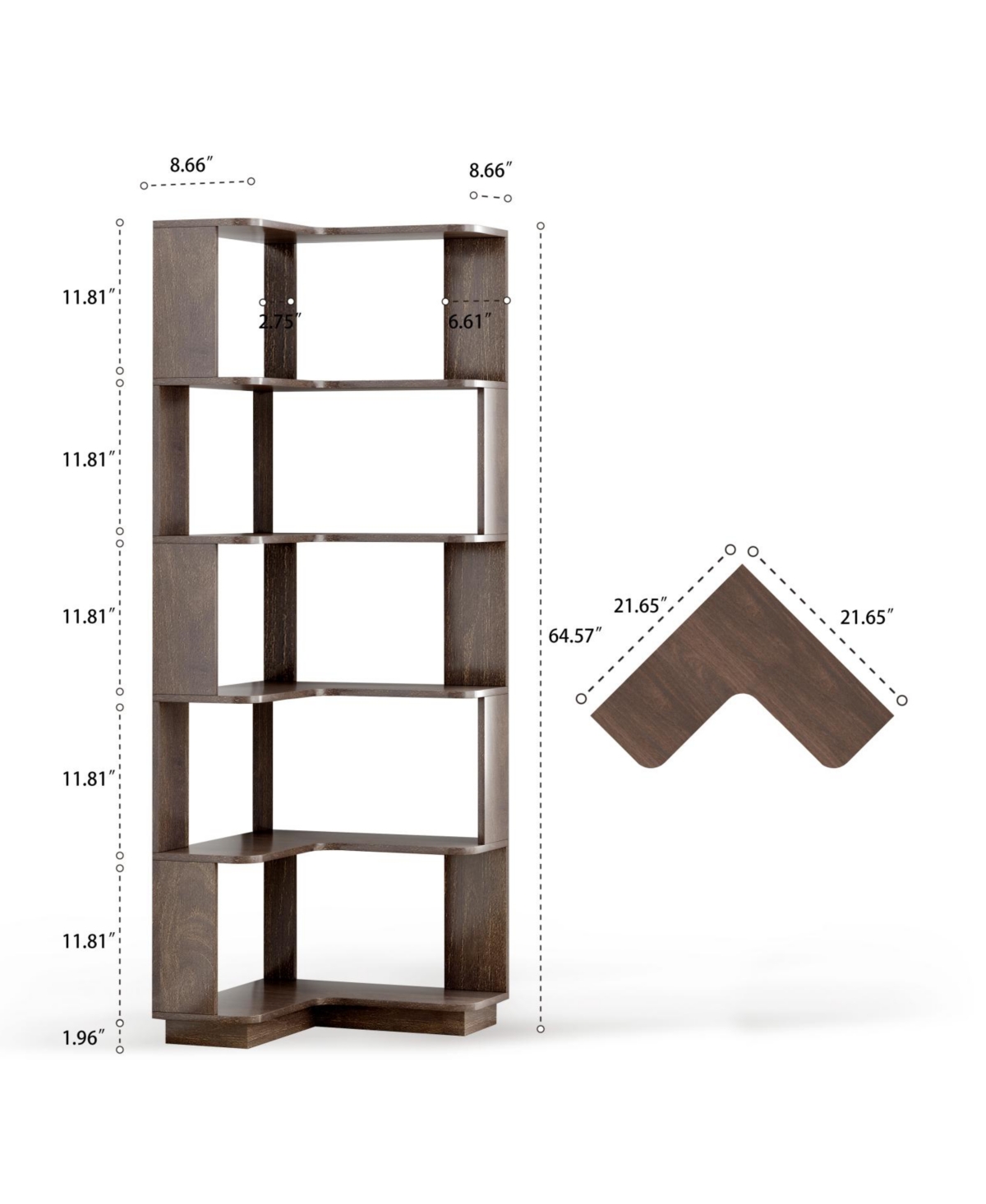 Rainsken 5 Tier L Shaped Bookcase, Modern Geometric Wood Corner Bookshelf, for Home Office, Living Room, Bedroom