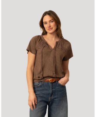 Women's Cable and Gauge Crochet Trim Crinkle Peasant Top