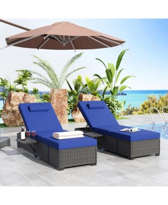 Outdoor PE Wicker Chaise Lounge Chairs Set of 2, Adjustable Reclining Brown with Cushions, Removable Table Top, Ideas for Patio, Poolside