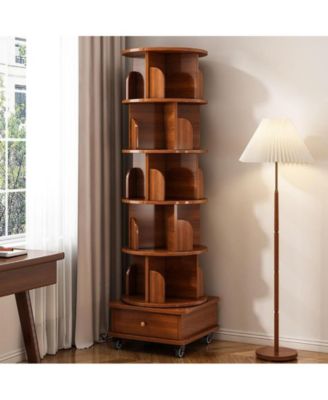 360 Degree Rotating Display Corner Bookshelf 6 Tier Bookcase Storage Rack with Wheels