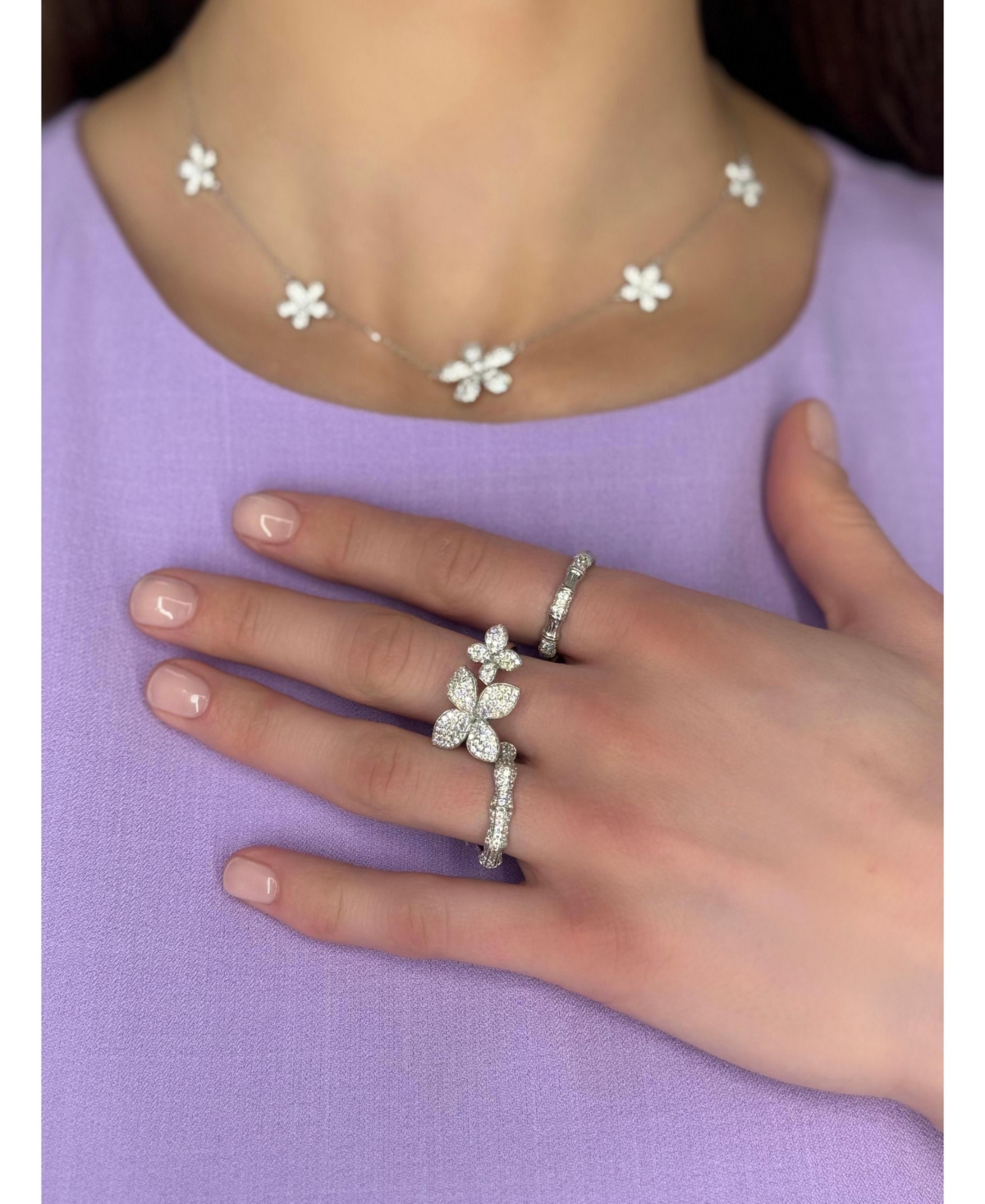 Suzy Levian Sterling Silver Cubic Zirconia Between The Finger Double Flower Ring