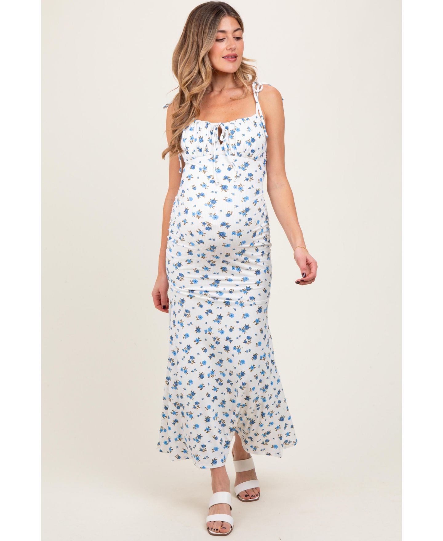 Женское платье Pinkblush Ribbed Floral Shoulder Tie Maxi, цвет: Синий — фото 2