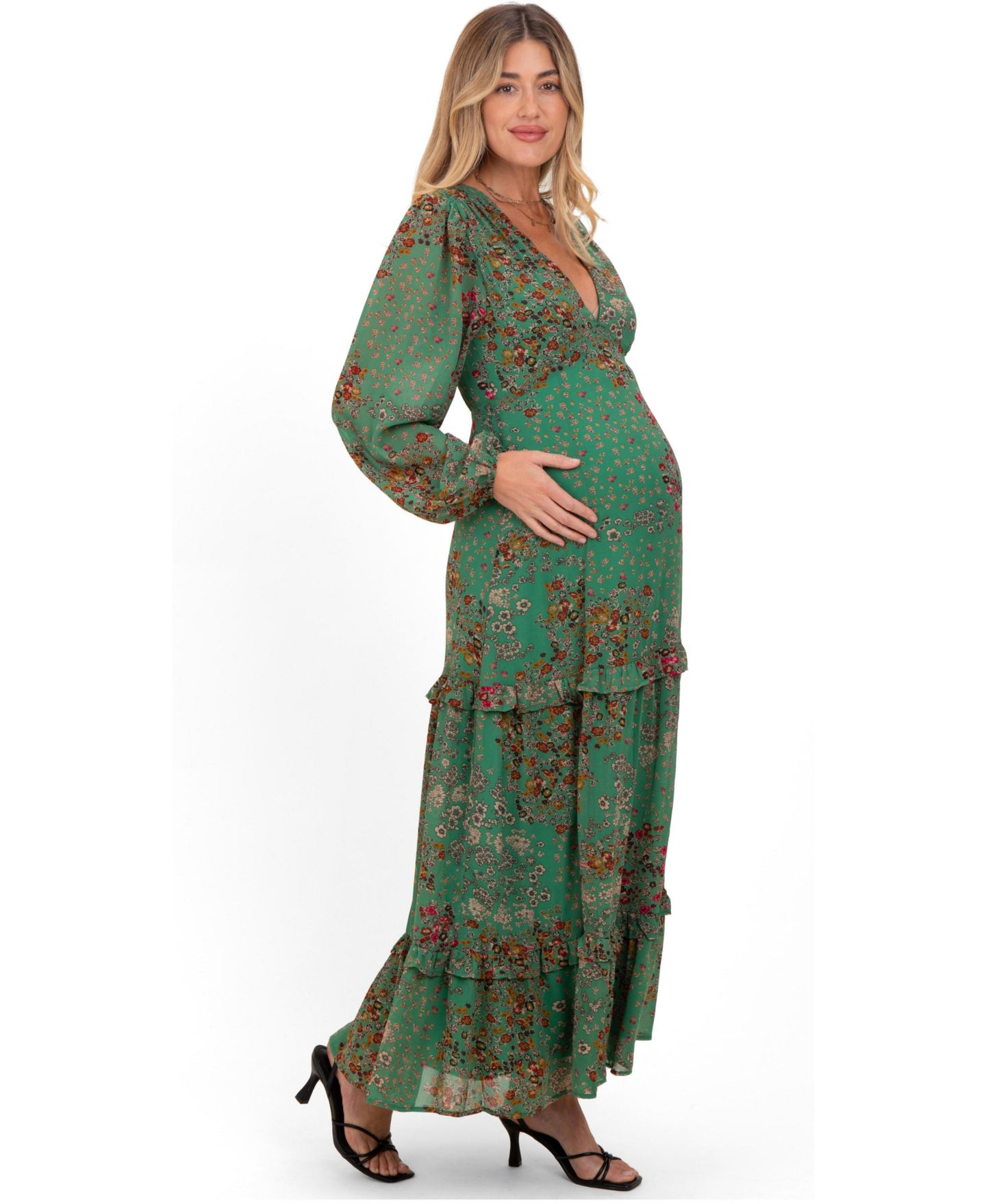 Женское платье Pinkblush Green Floral Chiffon V-Neck Long Sleeve Maxi, цвет: Зелёный — фото 3
