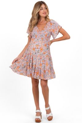 strapless open back dress Pink Floral Smocked Ruffle Tiered Maternity Maxi Dress main image 1