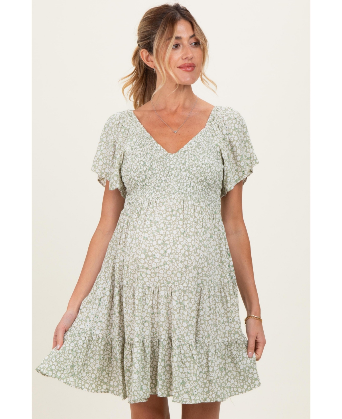 Pinkblush Maternity Sage V Neck Smocked Bodice Ditsy Print Dress