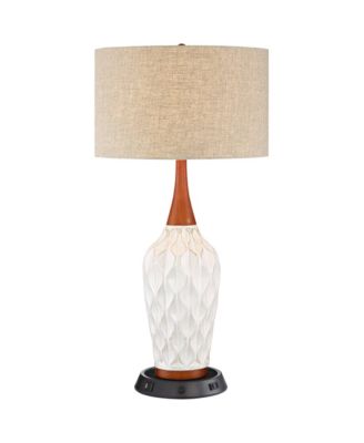 Rocco Modern Mid Century Table Lamp 30" Tall Ceramic with Dimmable USB and AC Power Outlet in Base Tan Drum for Living Room House