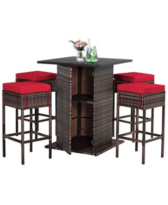 5 Pieces Patio Rattan Bar Table Stool Set Hidden Storage Shelf Cushioned