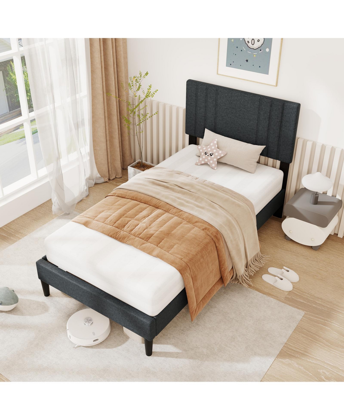 Slickblue Wooden Slat Bed Frame with Vertical Tufted Headboard