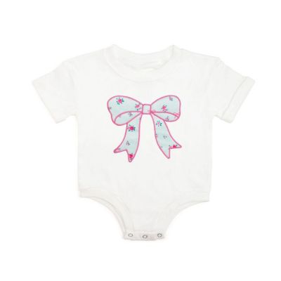 Baby Girls Sky Blue Floral Bow Patch Short Sleeve Romper