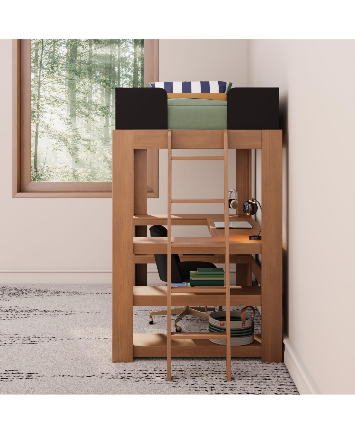 Max and Lily Mid-Century Modern Twin Loft Bed with Wraparound Desk and Shelves