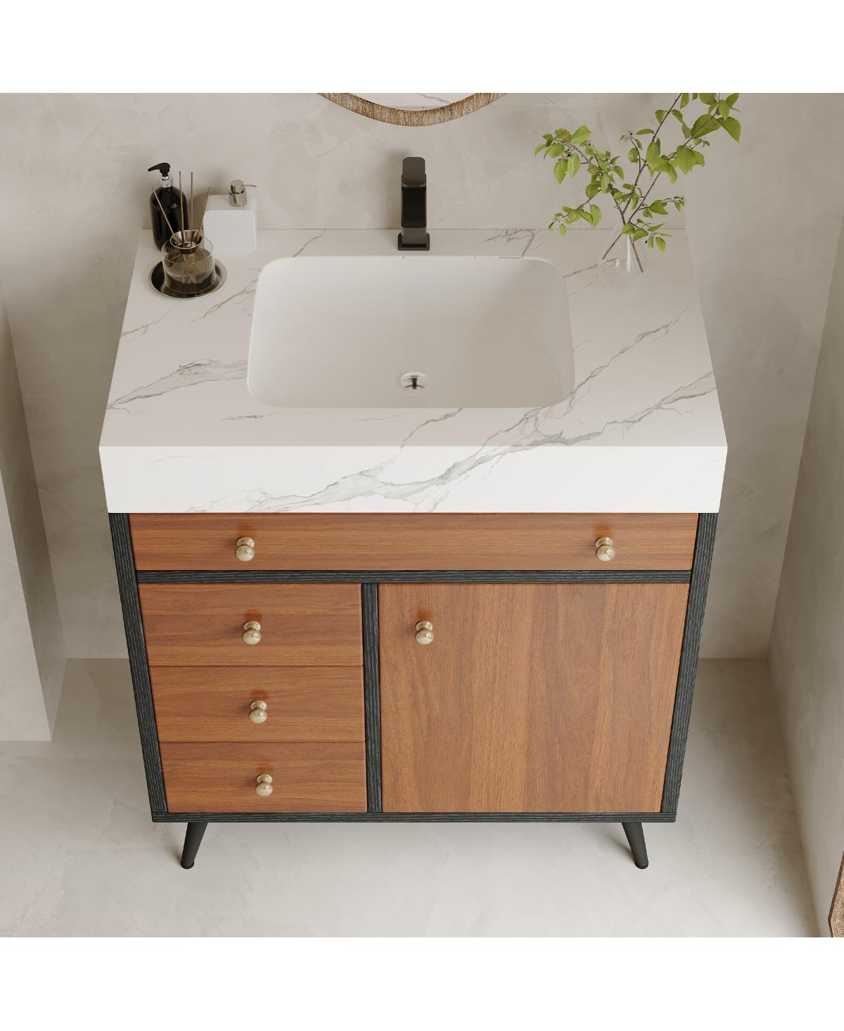 Sillysis 30 Inch Walnut Freestanding Bathroom Vanity with Sintered Stone Top, Modern Ceramic Sink, Gold Metal Legs, Storage Drawer