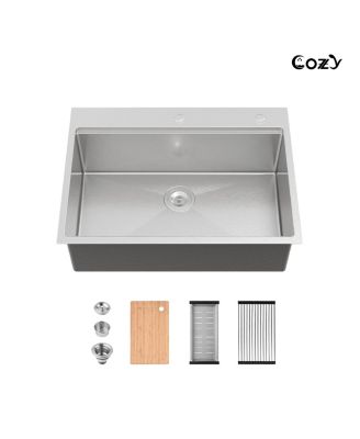 Stainless Steel Kitchen Sink Single Bowl Overmount Handmade Brushed with Cutting Board and Colander