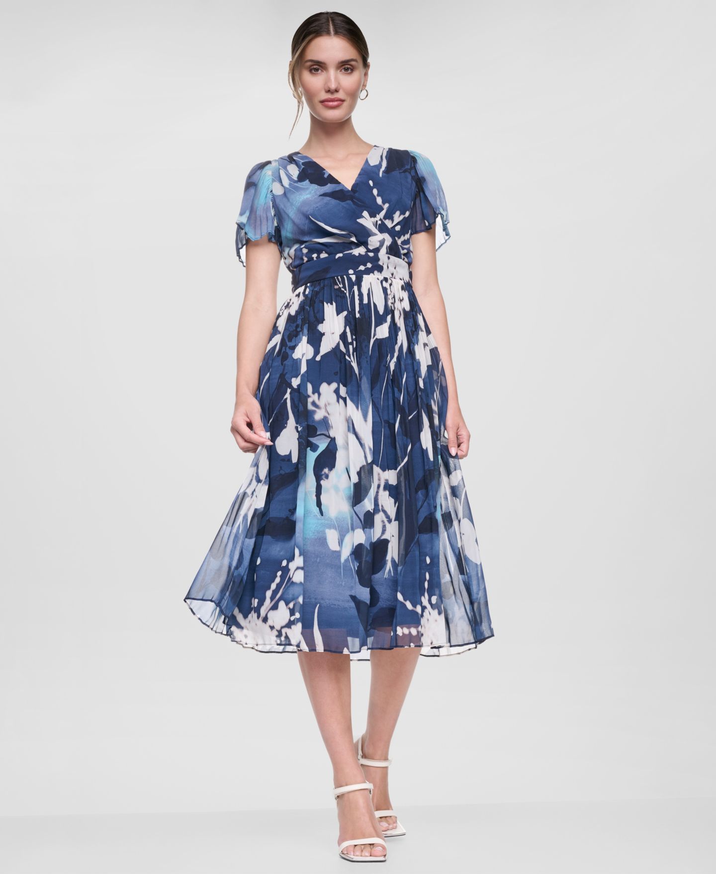 Женское платье DKNY Flutter-Sleeve Release Pleat Midi, цвет: Индиго разноцветный — фото 1