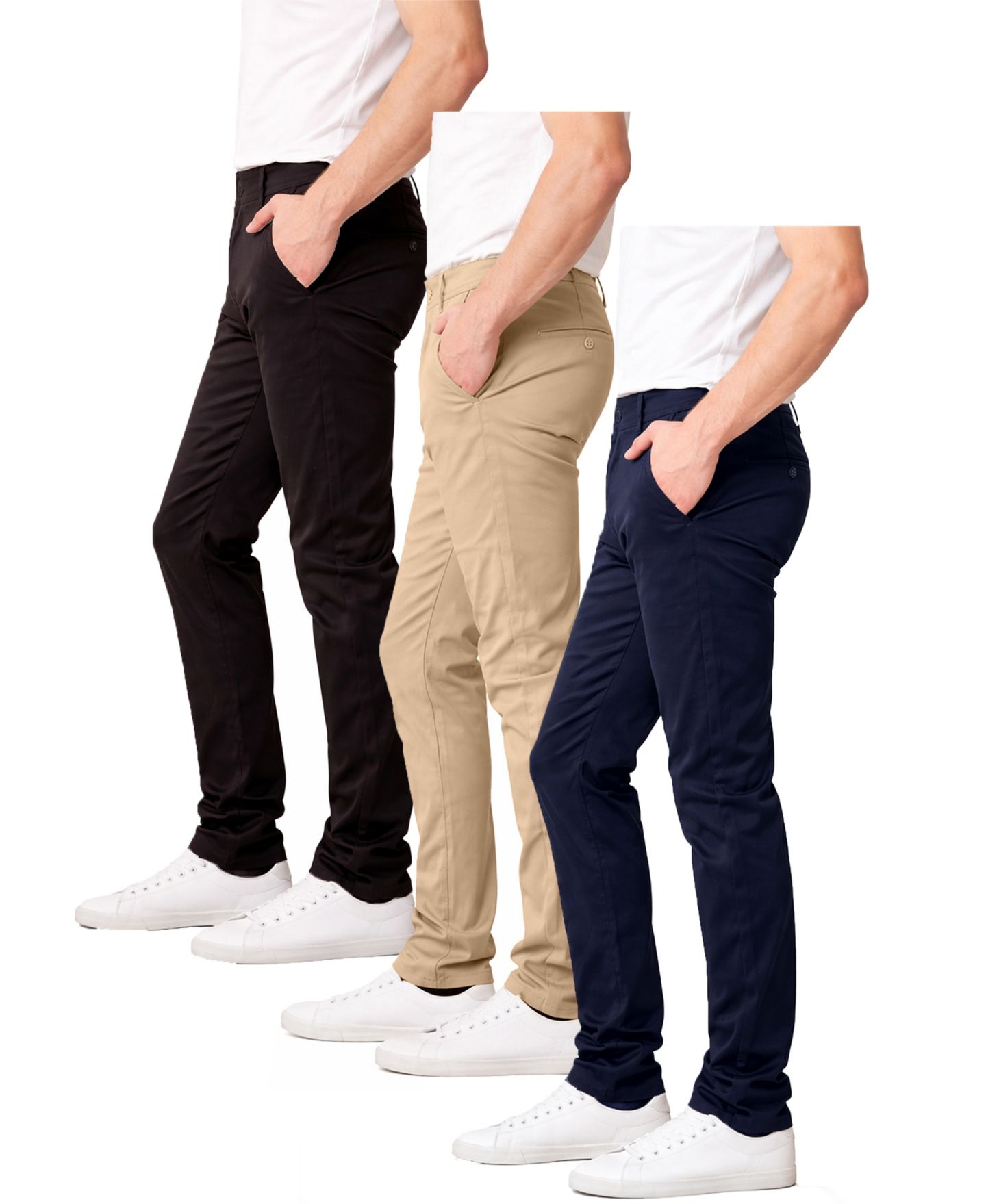 Мужские брюки Galaxy By Harvic Super Stretch Slim-Fit Chino Pants, 3-Pack, цвет: Чёрный / Хаки — фото 2