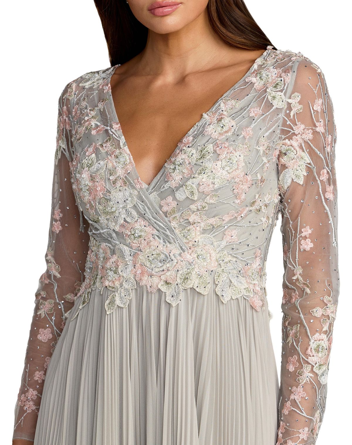 Mac Duggal Women's Embroidered Long Sleeve V Neck Pleated Gown view 3 — MAYCSS fashion products