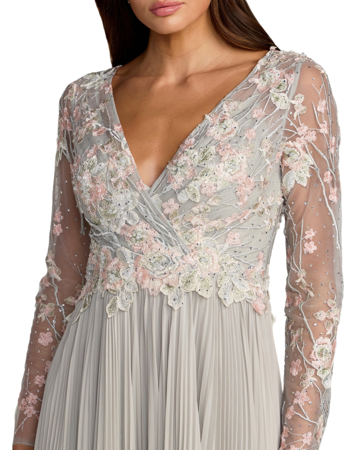 Mac Duggal Women's Embroidered Long Sleeve V Neck Pleated Gown