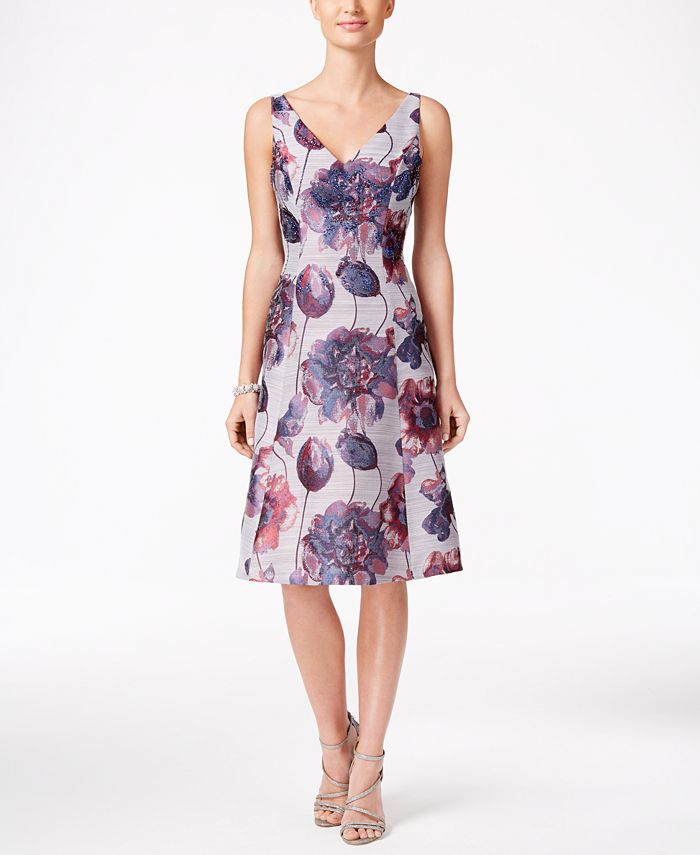 Adrianna Papell Embellished Floral-Print Fit & Flare Dress - Macy's