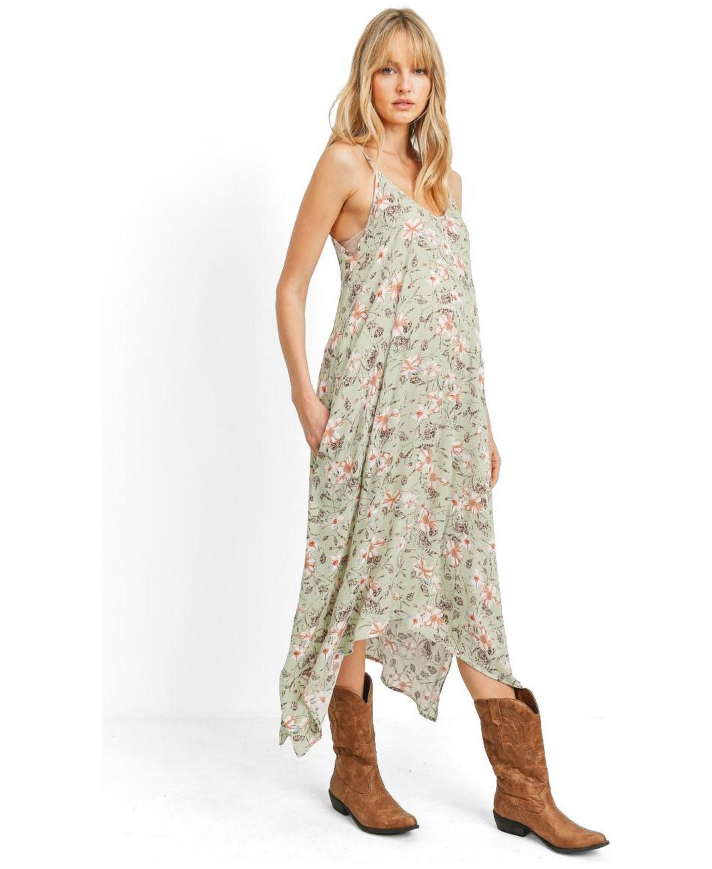 Женское платье Hello Miz Floral V-Neck Spaghetti Strap Midi with Pockets, цвет: Шалфейный — фото 2