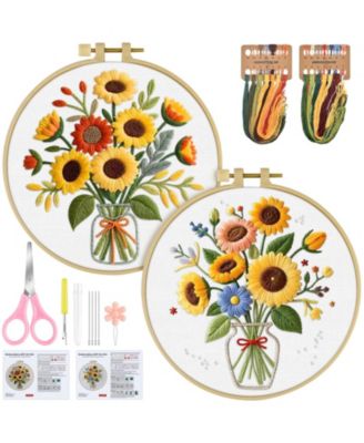 2 Set Embroidery Kit Beginners Floral Cross Cloth Hoops Threads