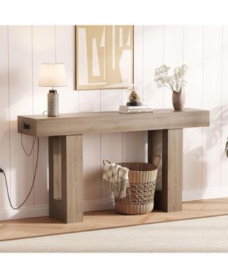 63 Inch Console Table with Power Outlet, Extra Long Sofa Table Behind Couch with USB and Type c Ports, Narrow Entryway Table for Hallway