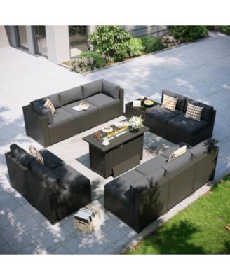12-Piece Outdoor Black Wicker Patio Conversation Set with 44" Propane Fire Pit Table and Cushions