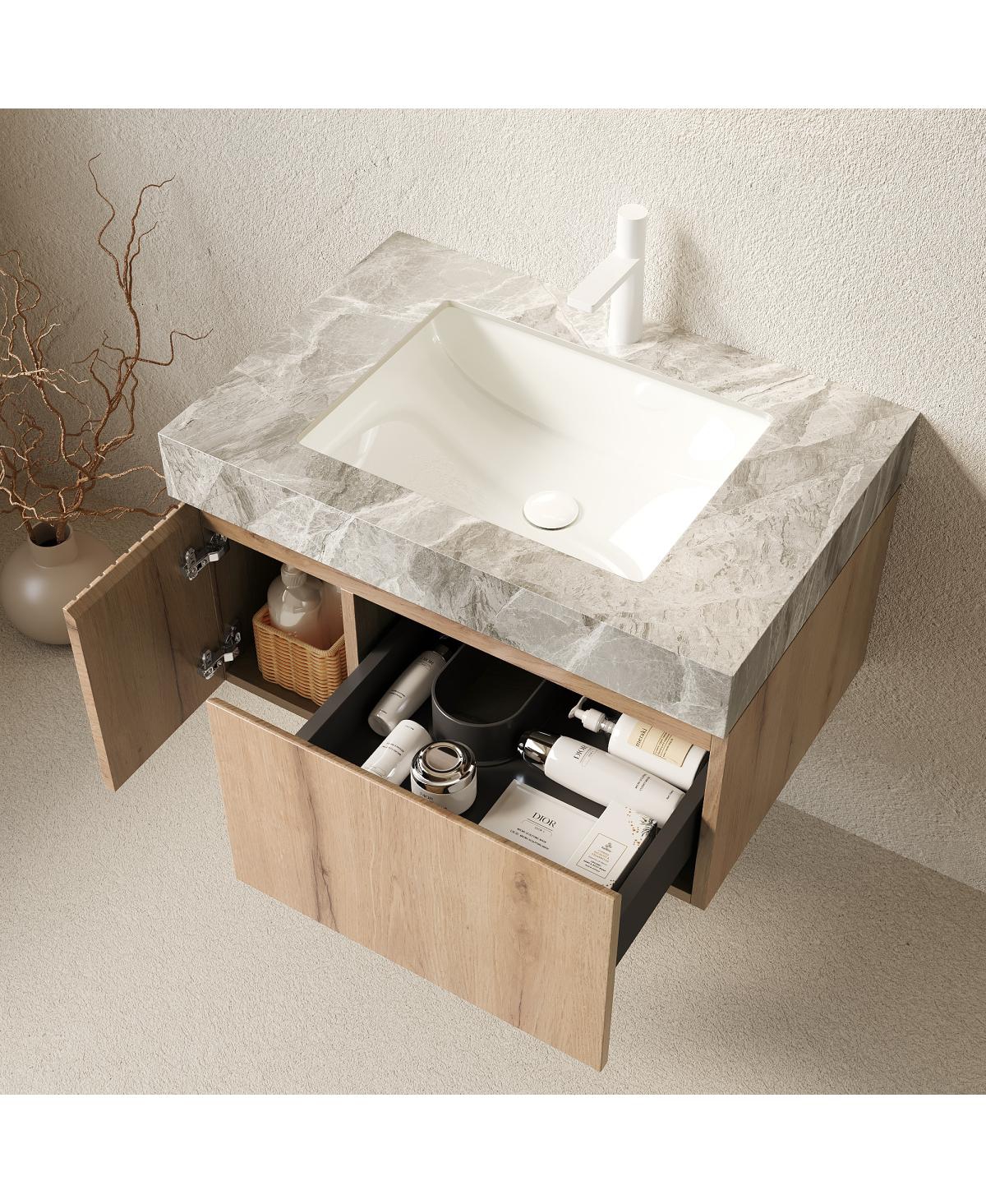 Sillysis 30 Inch Wall Mounted Bathroom Vanity with Italian Sintered Stone Top, Ceramic Sink, Soft Close Storage
