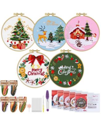 5Sets Embroidery Kit Beginners Cross Stitch Hoops Threads